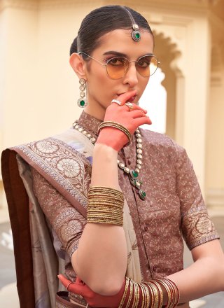 Beige Silk Contemporary Saree with Floral Patch Work