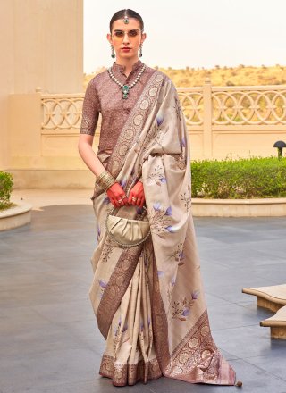 Beige Silk Contemporary Saree with Floral Patch Work