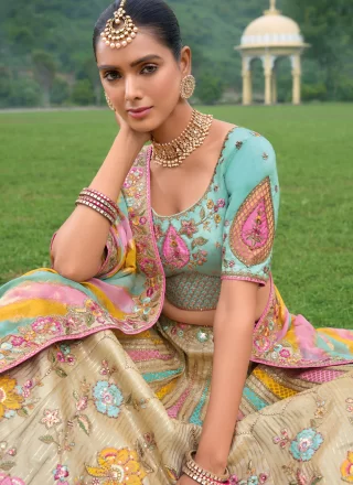 Beige Silk Lehenga Choli with Embroidered, Khatli, Stone and Zari Work for Ceremonial