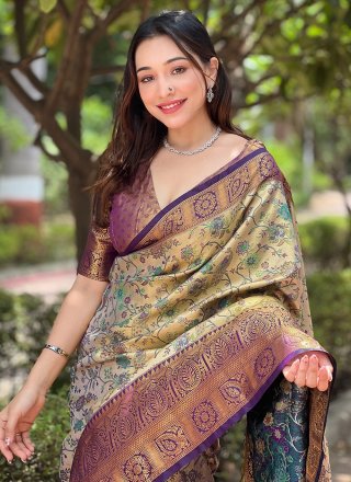 Beige Silk Meenakari and Woven Work Traditional Saree