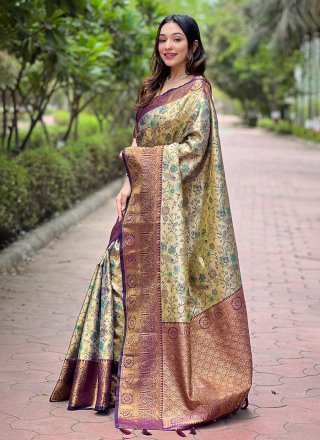 Beige Silk Meenakari and Woven Work Traditional Saree