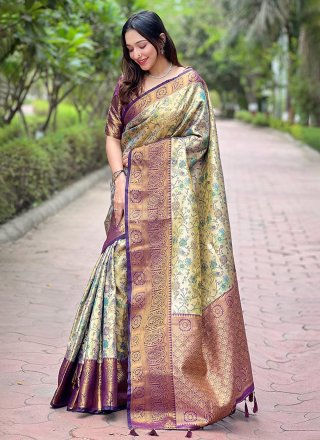Beige Silk Meenakari and Woven Work Traditional Saree