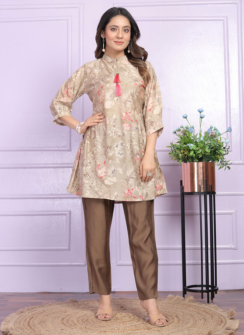Beige Silk Party Wear Kurti with Digital Print Work for Women Beige Silk Party Wear Kurti with Digital Print Work for Women