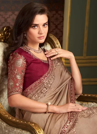 Beige Silk Patch Border and Embroidered Work Trendy Saree