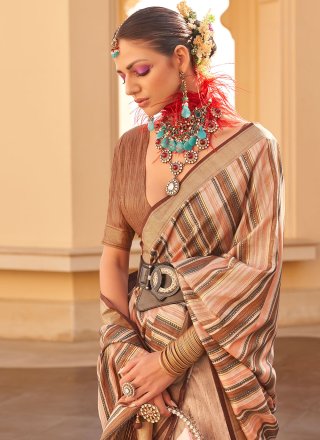 Beige Silk Print Work Casual Sari for Ceremonial