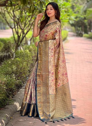 Beige Silk Traditional Saree with Meenakari and Woven Work