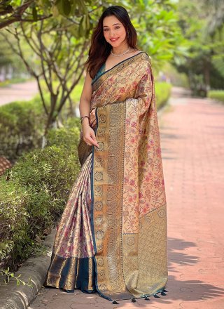 Beige Silk Traditional Saree with Meenakari and Woven Work