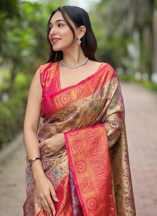Beige Silk Traditional Saree with Meenakari and Woven Work