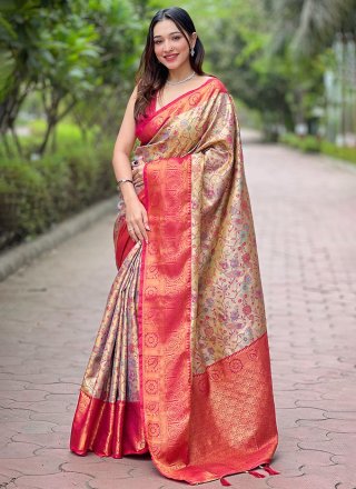 Beige Silk Traditional Saree with Meenakari and Woven Work
