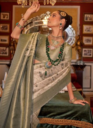 Beige Tussar Silk Patch Border, Digital Print and Zari Work Trendy Saree