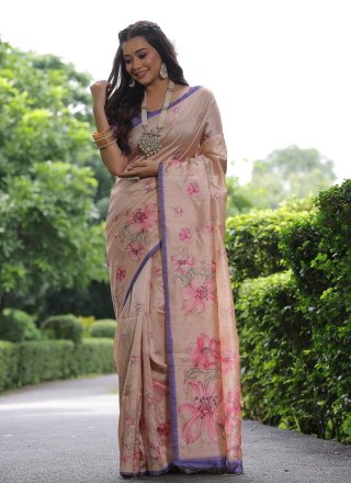 Beige Tussar Silk Print Work Printed Saree