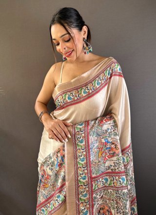Beige Tussar Silk Printed Saree with Digital Print Work for Casual
