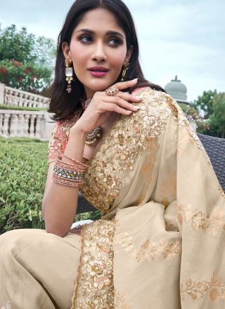 Beige Viscose Classic Saree