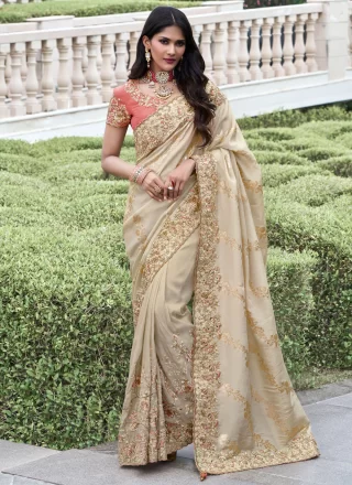 Beige Viscose Classic Saree