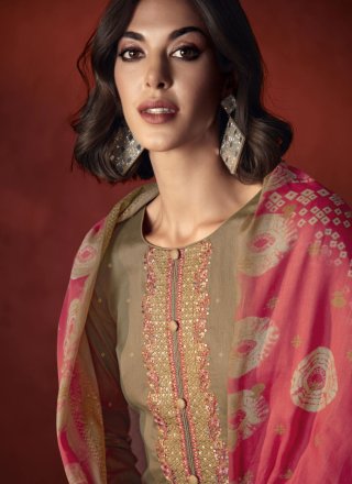 Beige Viscose Trendy Suit with Embroidered Work for Women