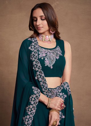 Best Teal Georgette A - Line Lehenga Choli with Embroidered, Sequins and Thread Work