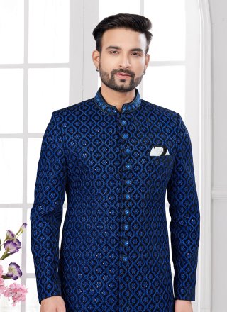 Black and Blue Buttons, Hand and Stone Work Velvet Sherwani Mens Wear
