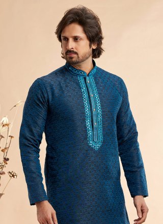 Black and Blue Jacquard Silk Machine Embroidery and Mirror Work Kurta Pyjama