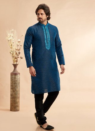 Black and Blue Jacquard Silk Machine Embroidery and Mirror Work Kurta Pyjama