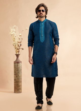 Black and Blue Jacquard Silk Machine Embroidery and Mirror Work Kurta Pyjama