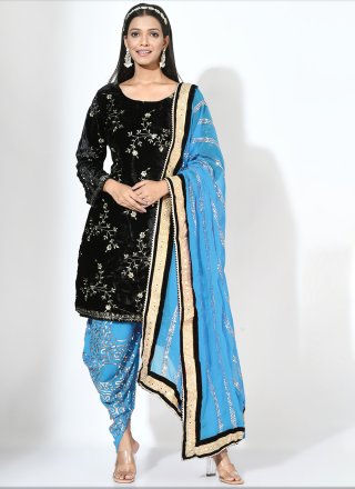 black and blue velvet embroidered and sequins work patiala suit for women 279951