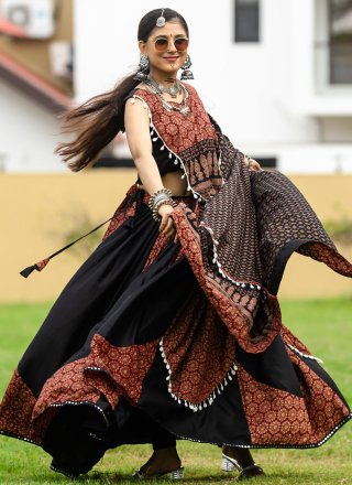 Black and Brown Cotton Readymade Lehenga Choli with Print Work