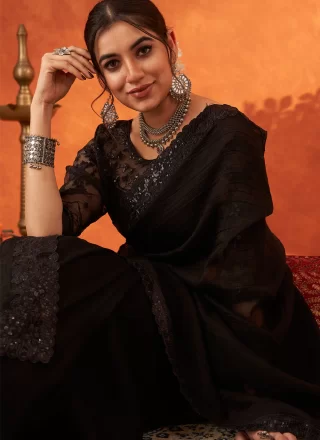Black and Brown Cotton Silk Patch Border, Embroidered and Sequins Work Classic Sari for Women