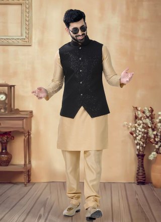 Black and Gold Silk Kurta Payjama with Jacket