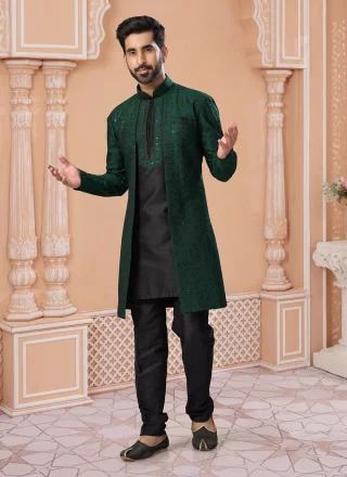 Black and Green Banarasi Silk Indo Western Sherwani