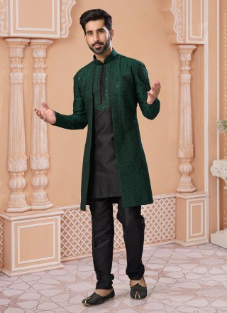 Black and Green Banglori Silk Embroidered and Sequins Work Indo Western Sherwani