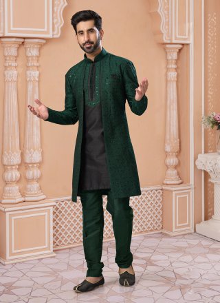 Black and Green Banglori Silk Indo Western Sherwani with Embroidered, Sequins and Thread Work for Men