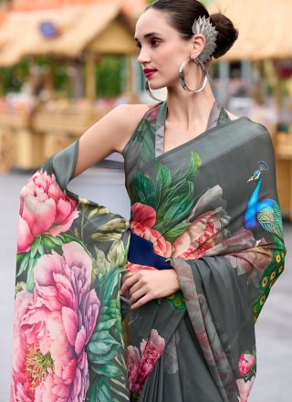 Black and Grey Georgette Contemporary Sari