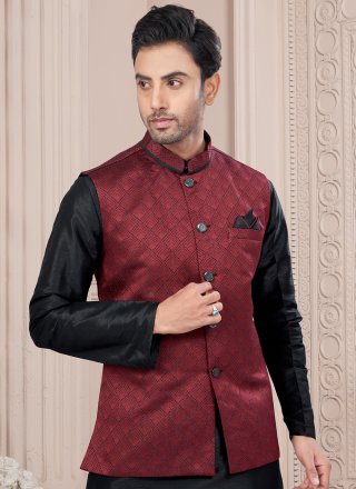 Black and Maroon Banarasi Jacquard Print Work Kurta Payjama with Jacket