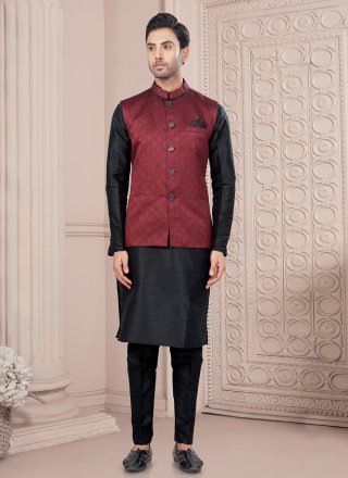 Black and Maroon Banarasi Jacquard Print Work Kurta Payjama with Jacket