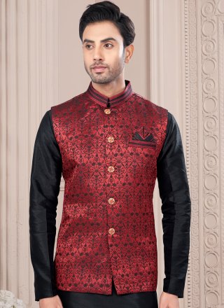 Black and Maroon Banarasi Jacquard Print Work Kurta Payjama with Jacket