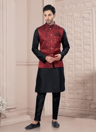 Black and Maroon Banarasi Jacquard Print Work Kurta Payjama with Jacket