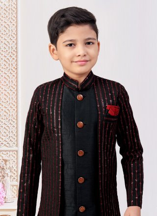 Black and Maroon Banarasi Silk Machine Embroidery, Stone and Thread Work Indo Western Sherwani