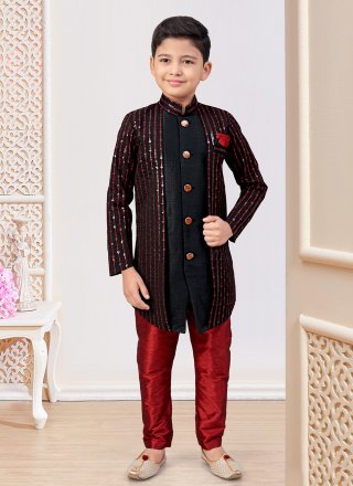 Black and Maroon Banarasi Silk Machine Embroidery, Stone and Thread Work Indo Western Sherwani