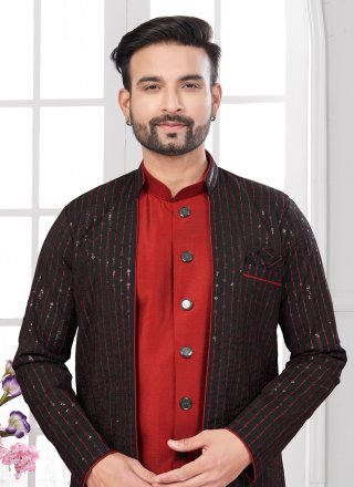 Black and Maroon Imported Sherwani Mens Wear with Machine Embroidery, Thread and Zari Work