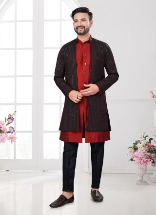 Black and Maroon Imported Sherwani Mens Wear with Machine Embroidery, Thread and Zari Work