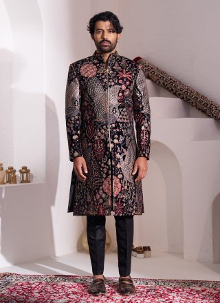 Black and Multi Colour Velvet Sherwani Mens Wear with Embroidered Work for Men