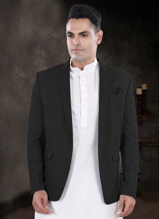 Black and Off White Silk Kurta Payjama with Jacket