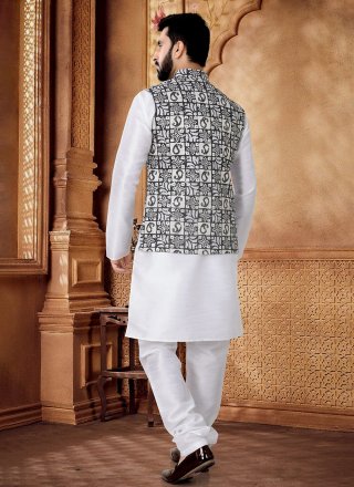 Black and White Cotton Kurta Payjama with Jacket with Foil Print Work for Ceremonial