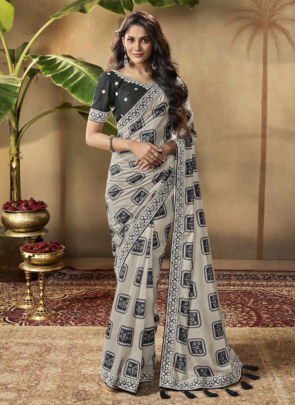 Black jute cotton net and chiffon print half half saree with blouse -  Manjula Feb - 405767