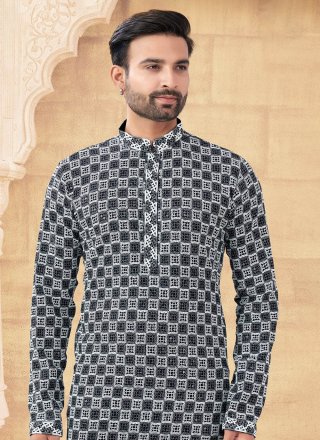 Black and White Rayon Kurta Pyjama with Embroidered and Thread Work for Ceremonial