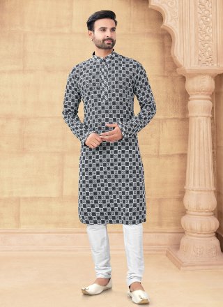Black and White Rayon Kurta Pyjama with Embroidered and Thread Work for Ceremonial