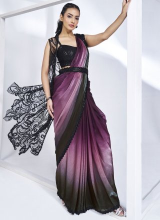 Black and Wine Satin Silk Classic Sari