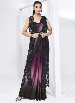 Black and Wine Satin Silk Classic Sari