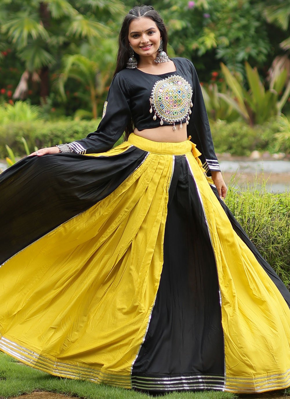 Fancy Work Buy Black and Yellow Rayon Readymade Lehenga Choli with Fancy Work for ...