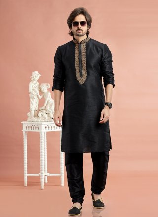 Black Art Banarasi Silk Kurta Pyjama with Machine Embroidery Work